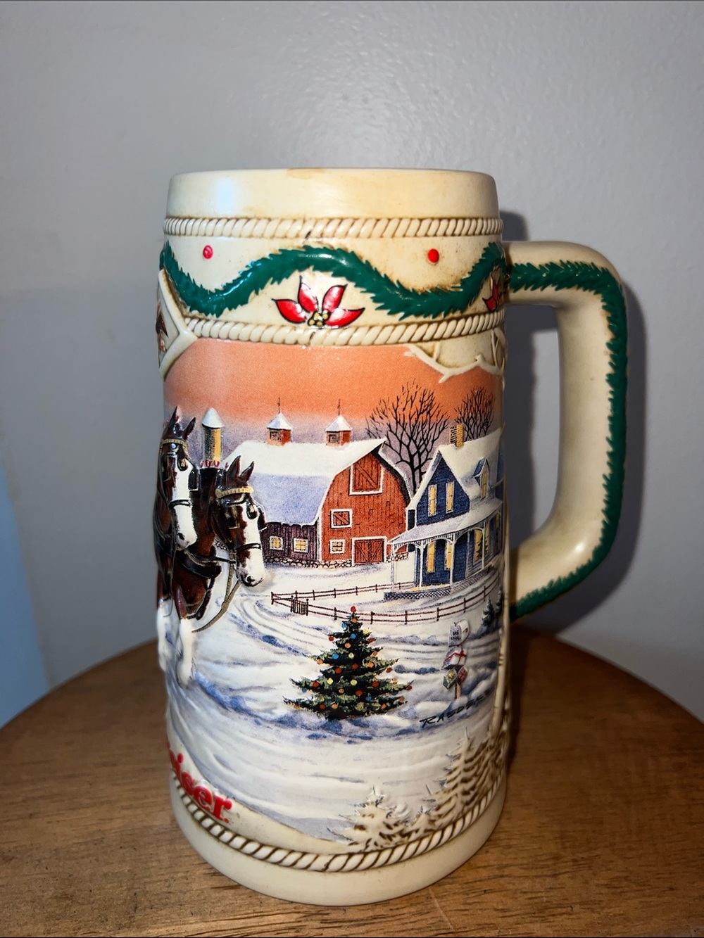 Budweiser Ceramic Stein with Brown Clydesdales and Green Garland